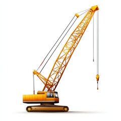 A bright yellow crane stands tall, showcasing its long arm and hook, designed for heavy lifting and construction tasks.