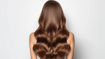 Fototapeta premium Back View of Woman With Luxurious Long Brown Wavy Hair. Ideal for salons, hair product advertisements, and beauty consultations.
