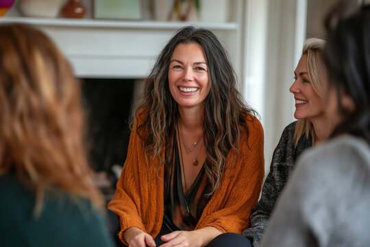 A group of women sitting in a circle, smiling and having fun in the middle age, looking happy together while participating in a self-care and balance workshop with a woman leader o