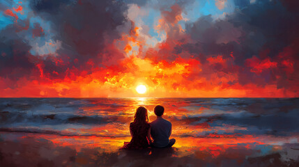 Obraz premium young couple sitting on the beach, watching the sunset over the ocean. A Valentine's Day concept. A man and woman in love sit together at the sea shore against a beautiful, colorful sky with an orange