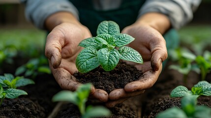 Agriculture. Farmer and nature baby plant in hands