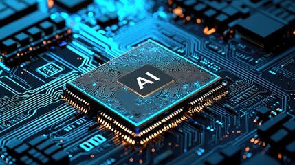 Fototapeta premium Futuristic AI Chip On Blue Circuit Board Technology Background. Represents the future of artificial intelligence and computing power.