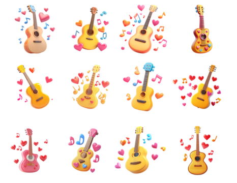 Pack PNG of a cartoon style guitar featuring musical notes and love hearts set against a transparent background - Powered by Adobe