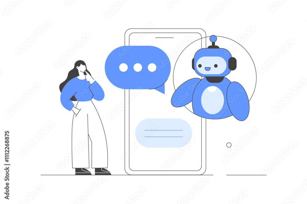 Poster artificial intelligence. woman character communicating to ai chat bot. neural network technology. ap