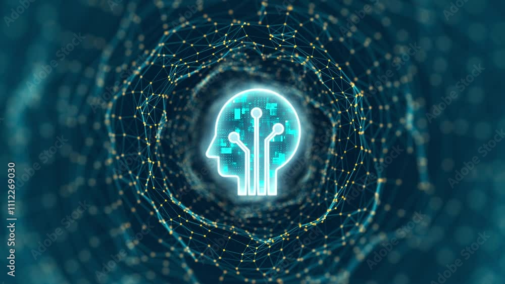 Poster motion graphic of blue digital robot head logo and tunnel line connection with artificial intelligen