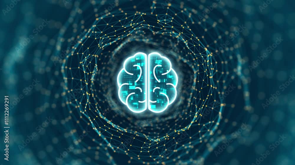 Poster motion graphic of blue digital brain logo and tunnel line connection with artificial intelligence an