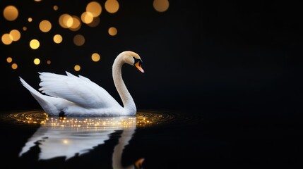 A graceful swan glides over a shimmering dark lake, surrounded by golden bokeh lights, creating a serene and enchanting atmosphere.