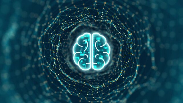 Motion graphic of Blue digital brain logo and tunnel line connection with artificial intelligence and robot assistant machine learning concept on abstract background