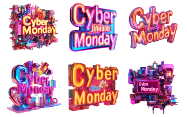 Pack PNG Cyber Monday set against a transparent background themed collage featuring bold typography and digital elements
