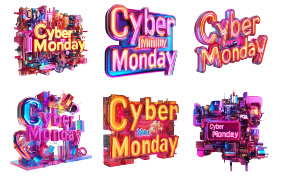 Pack PNG Cyber Monday set against a transparent background themed collage featuring bold typography and digital elements - Powered by Adobe