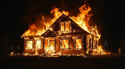 House engulfed in intense flames burning at night