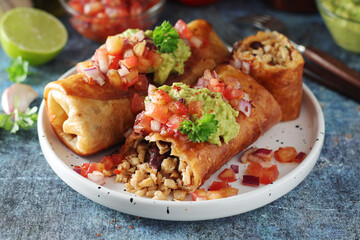 A typical dish of Mexican cuisine - Chimichanga, made of tortilla with different ingredients