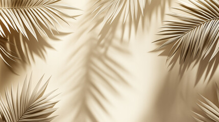 Obraz premium Aesthetic shadows of palm leaves on sand, against a beige background, evoking a tropical summer concept.