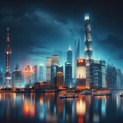 Obraz premium city skyline with a river and a city in the background.