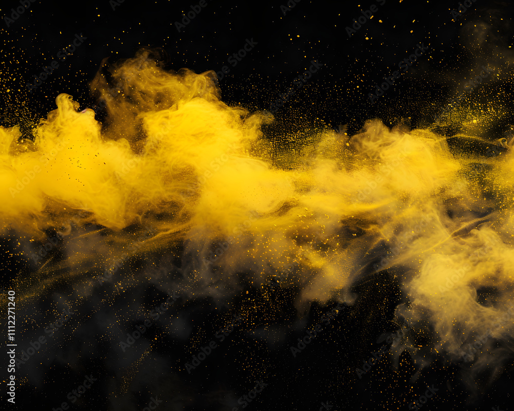 Poster abstract yellow smoke and particles on a dark background, creating a dynamic visual effect.