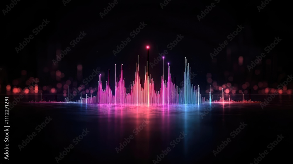 Poster abstract sound wave visualization with colorful peaks on a dark background.