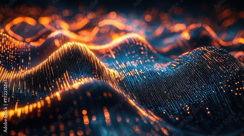 Poster abstract wave of glowing particles in vibrant colors on a dark background.