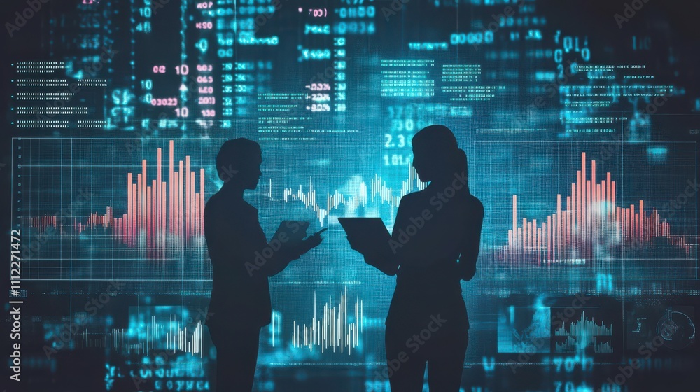 Poster silhouettes of people standing in front of digital charts and graphs, representing data analysis and