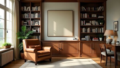 A cozy home library with floor-to-ceiling bookshelves filled with books, and a large framed artwork on the wall.
