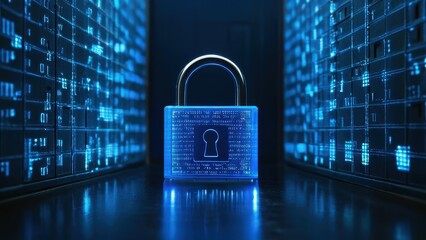 Digital padlock in a server room, symbolizing data security and protection