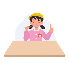 kindergarten girl sitting at desk with chopsticks and thumbs up, enjoying delicious meal