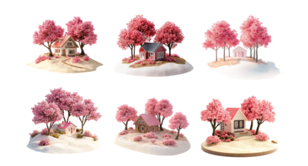 Pack PNG house situated on a sandy surface surrounded by pink trees set against a transparent background