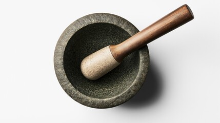 Top view of a stone mortar and pestle with a wooden handle on a white background