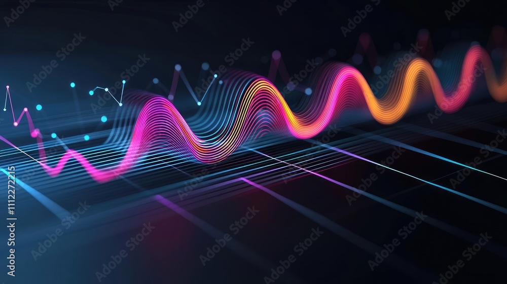 Poster vibrant wave pattern with glowing colors on a dark background.