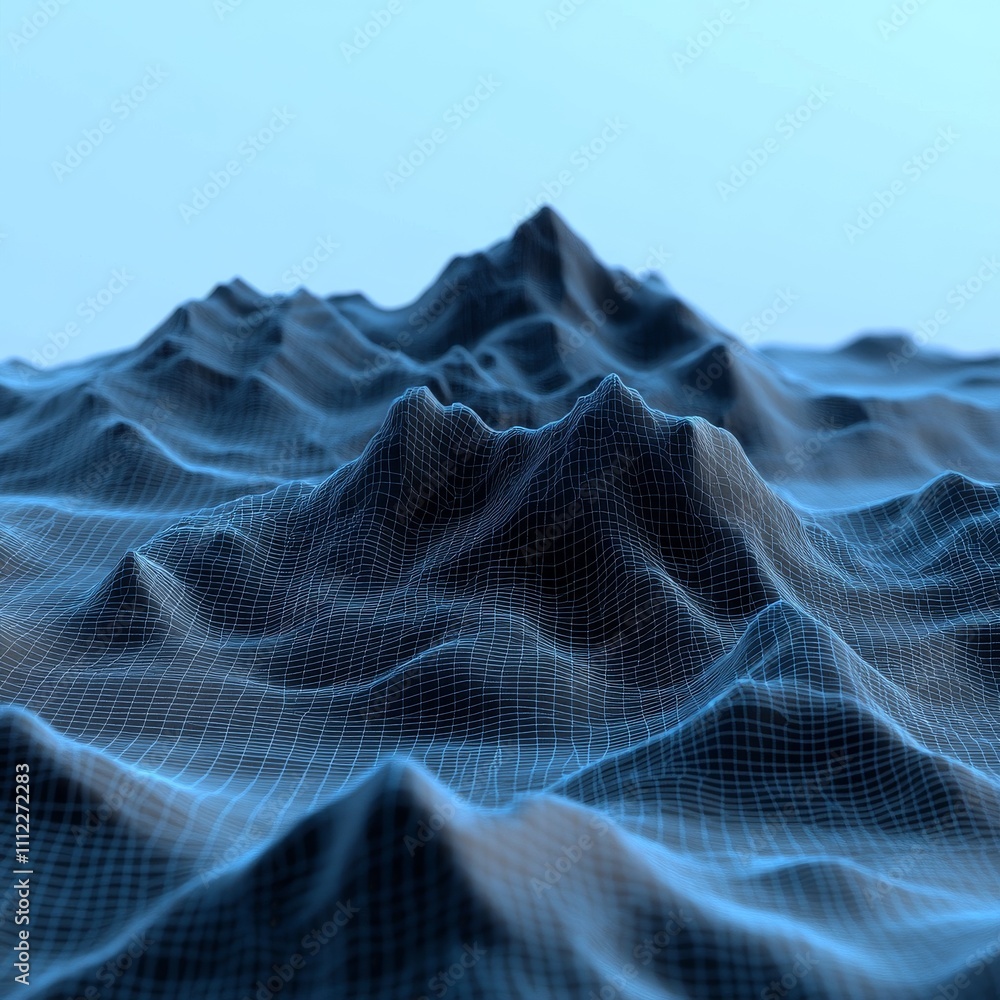 Poster abstract mountains range mesh blue background. 3d terrain grid.