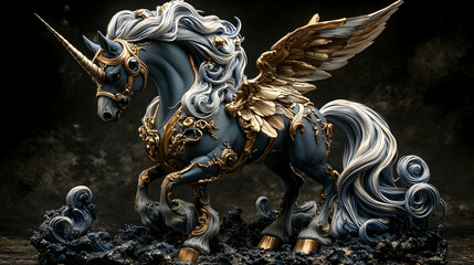 Majestic Unicorn Sculpture: Gold, Wings, Fantasy Art