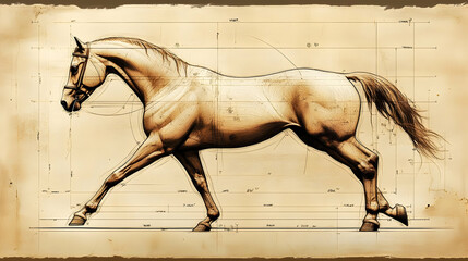 Horse Anatomy: Detailed Sketch, Precise Measurements, Elegant Lines, Artistic Drawing, Equine Grace, Movement Study, Detailed Render, Sepia Tones, Gait Analysis, Equine Art