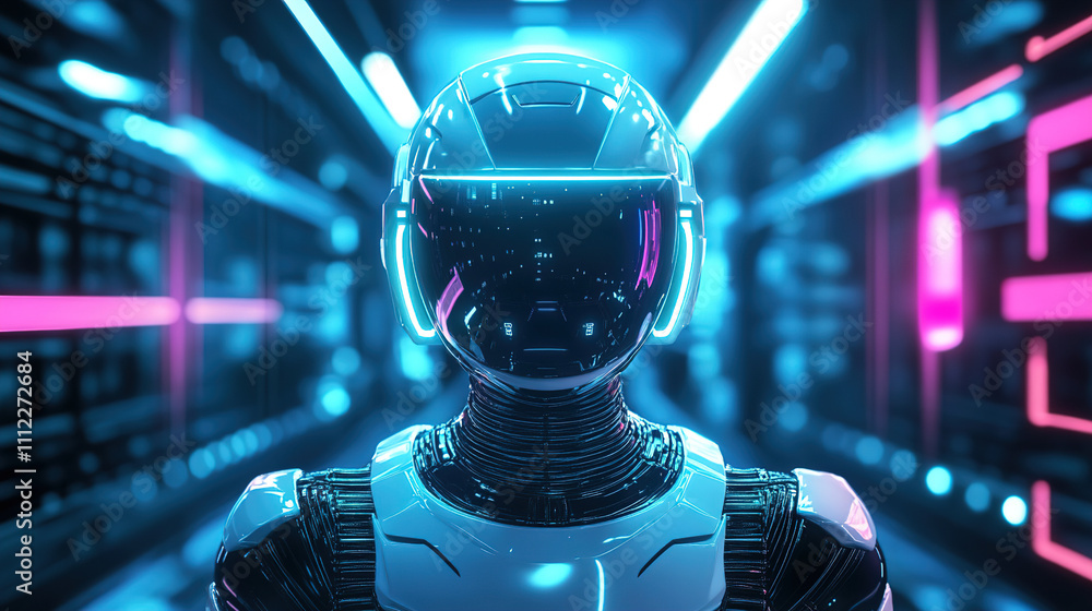 Poster futuristic robotic figure in a neon-lit corridor exploring technology in a digital landscape. genera