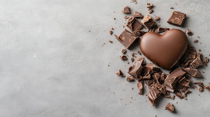 Heart-shaped chocolate is set on a sleek surface surrounded by chocolate chunks, emphasizing love, sweetness, and quality with a simple yet elegant aesthetic.