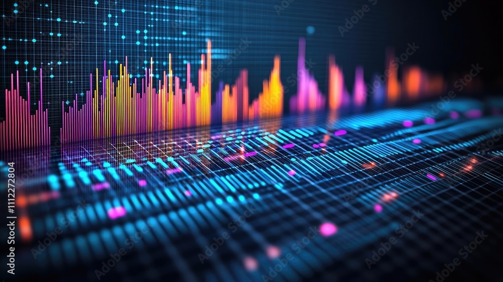 Poster Colorful data visualization with vibrant bars representing information flow.