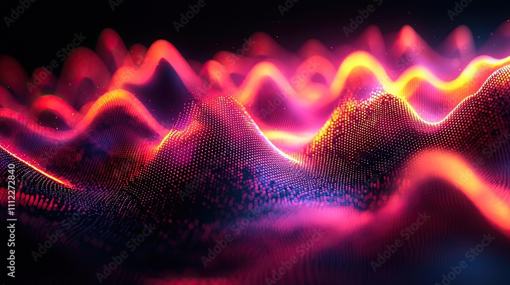 Poster colorful abstract wave patterns on a dark background.