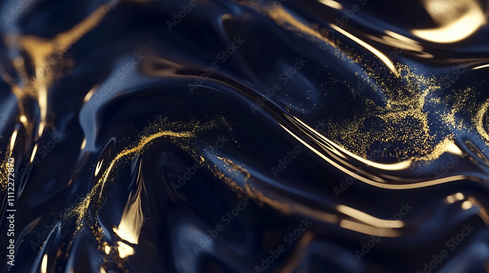 Poster a glossy surface featuring undulating black waves with scattered golden particles, creating an elega