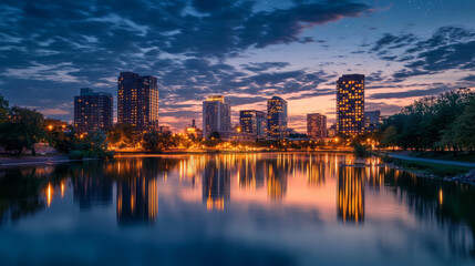 Naklejka premium A breathtaking cityscape at night with towering skyscrapers illuminated by streetlights and glowing windows, reflecting on a calm river with soft clouds in the sky and distant stars