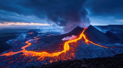 Volcanic eruption with flowing lava and dark clouds, dramatic natural phenomenon.