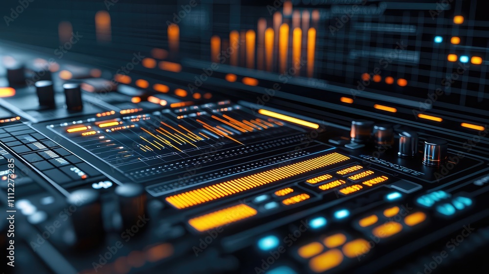 Poster close-up of a modern sound mixer with vibrant controls and visualizations.