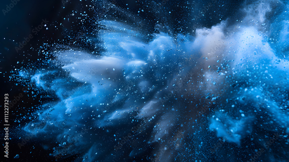 Poster an abstract explosion of blue powder and smoke creating a dynamic visual effect.