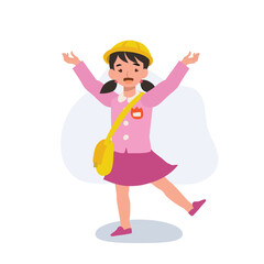 Adorable preschooler in traditional Japanese kindergarten attire expressing happiness with wide open arms.