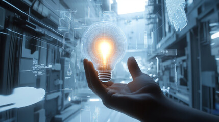 Close-up of glowing lightbulbs, conveying an inspired moment surrounded by cutting-edge technology in a clean, high-tech environment.