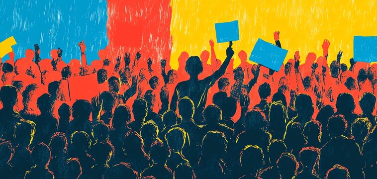 Silhouette of a large crowd protesting, holding signs. Vibrant colors in background. Concept of unity, demonstration, and social movement.