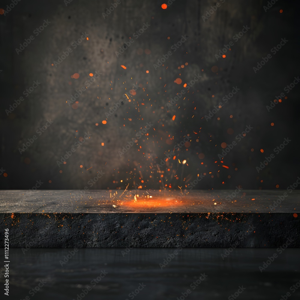 Poster an abstract scene featuring sparks and glowing elements on a dark surface.