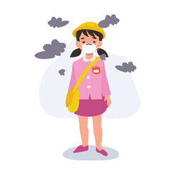 Japanese Kindergarten Girl in Uniform Wearing Protective Mask Against Air Pollution
