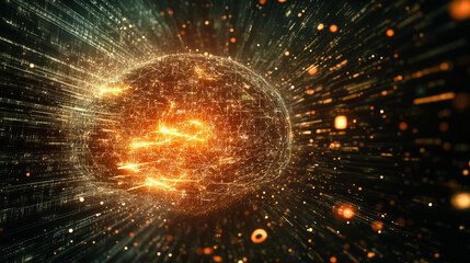 A close-up view of a futuristic AI brain, formed by intricate circuits and glowing neural networks, surrounded by data streams and digital codes floating in a dark environment