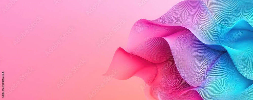 Poster colorful abstract waves in pink and blue on a soft gradient background.