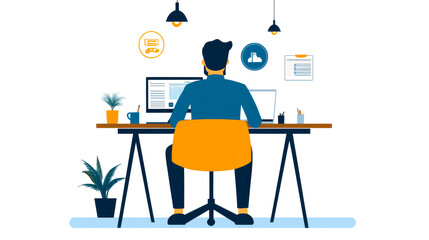 Fototapeta premium A person working at a desk, focused on a computer, surrounded by plants and decorative items, representing a modern workspace.