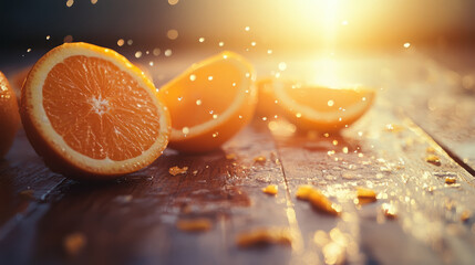 A fresh and vibrant image of orange slices sprinkled over a wooden table, with bright sunlight highlighting the juicy textures and natural colors of the fruit, creating a refreshing atmosphere