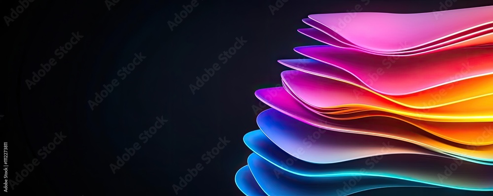 Poster colorful wave patterns with gradient, dark background.